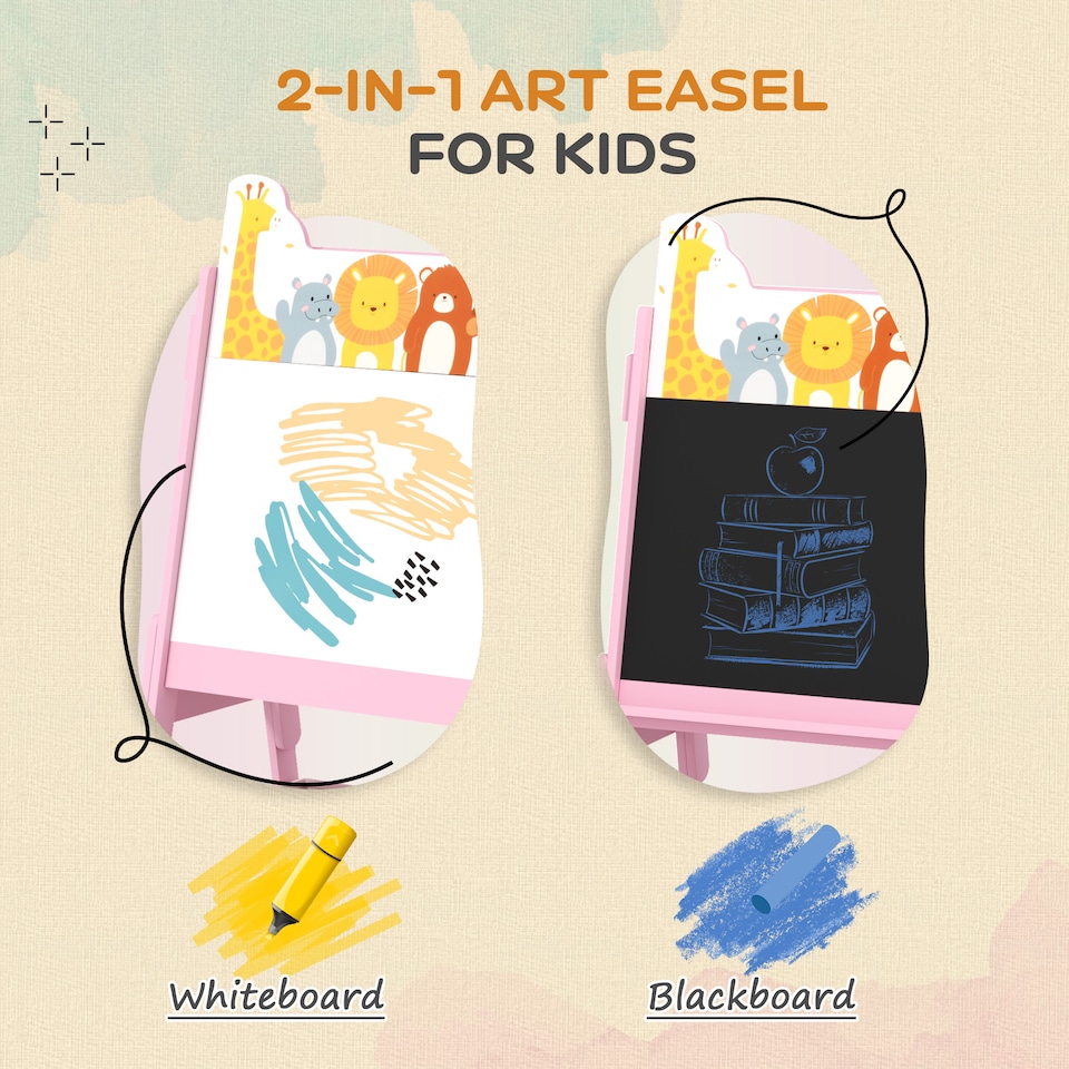 image 1 of AIYAPLAY 2 in 1 Kids Easel with Whiteboard, Chalkboard, Storage Boxes, Pink