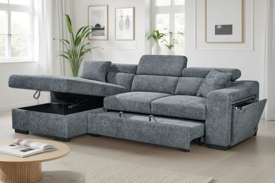 image 1 of Blue Chenille Fabric 1C2 Corner Sofabed with Storage ARTHUR
