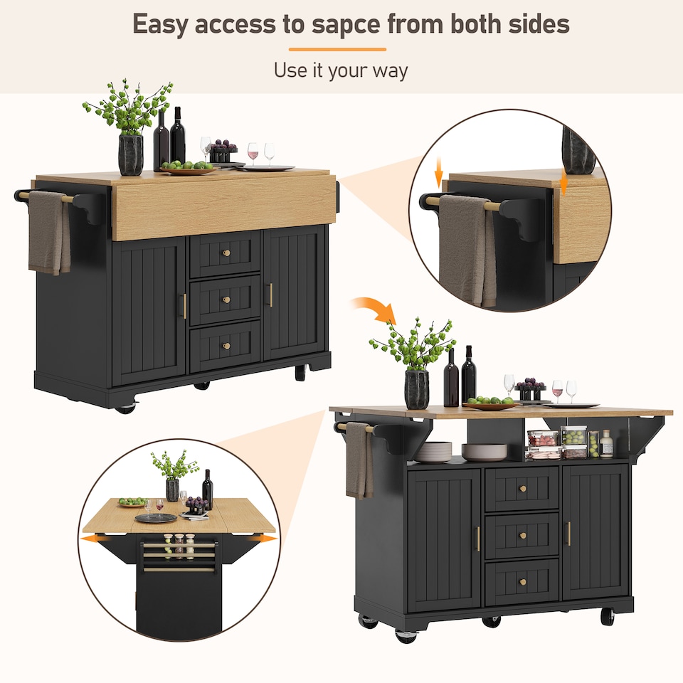 image 1 of VILUXE Kitchen island, cabinet, sideboard 120 x 40 (80) x 95 cm, extendable kitchen trolley with casters, extendable on both sides, with towel rail and spice rack, two doors, three drawers, black/white