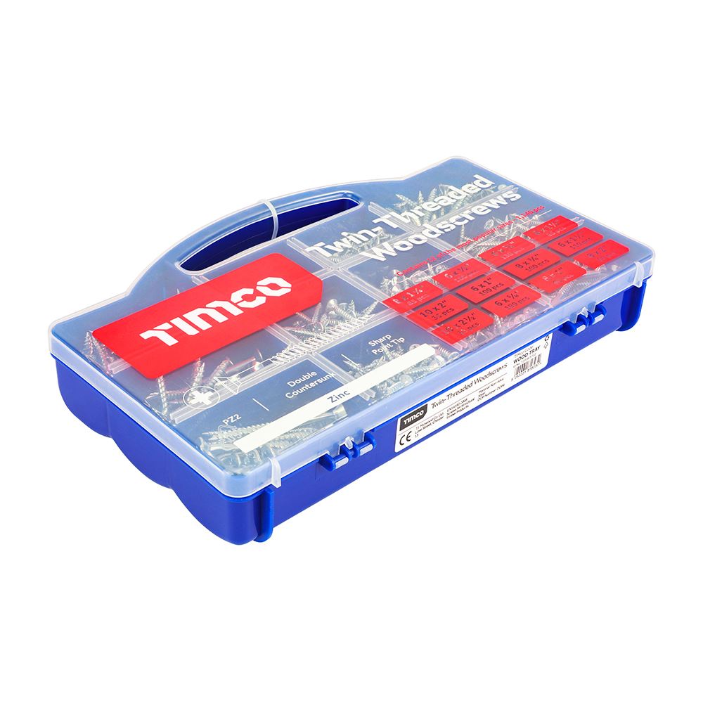Timco - Twin-Threaded Woodscrews - Mixed Tray - PZ - Double Countersunk - Zinc (Size 1,140pcs - 1140 Pieces)