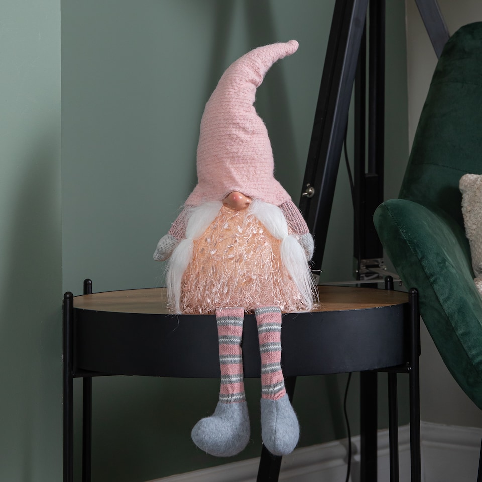 image 1 of 50cm  Christmas Sitting Female Light Up LED Gonk with Dangly Legs in Pink Hat