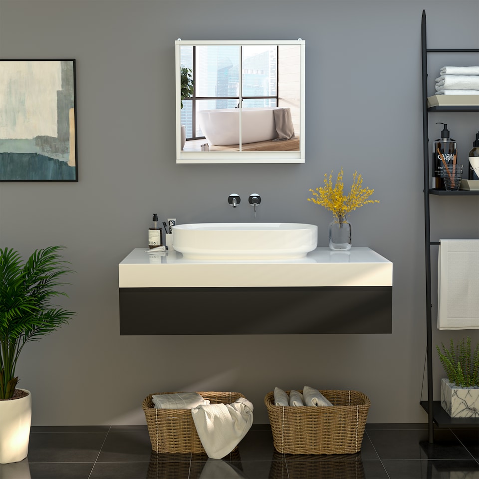 image 1 of HOMCOM Bathroom Mirror Cabinet Wall Mounted Storage Shelf Bathroom Cupboard Double Door, White