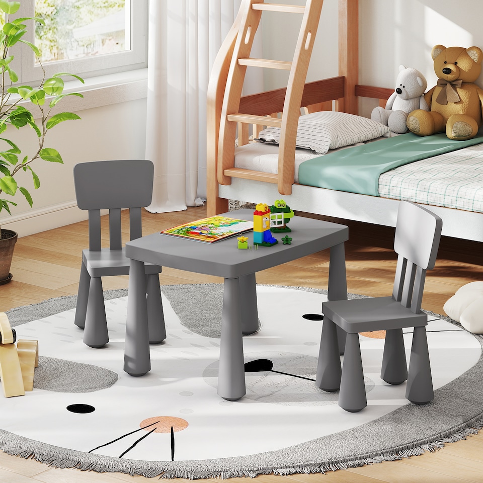 image 1 of COSTWAY Kids Table and 2 Chairs Set Children Play Table Grey