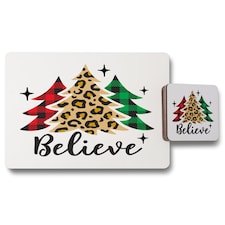 christmas trees with leopard print placemat coaster set | Multi