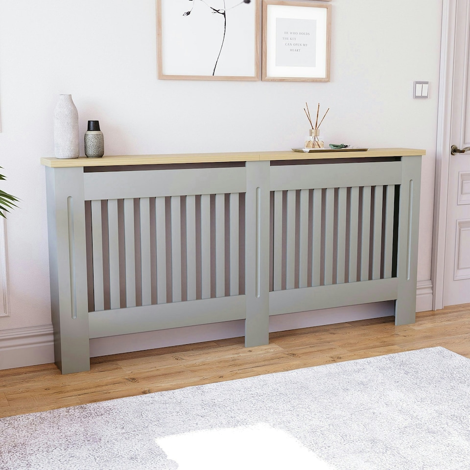 image 1 of Vida Designs Arlington Radiator Cover Painted MDF Slatted Cabinet, Grey, 172cm