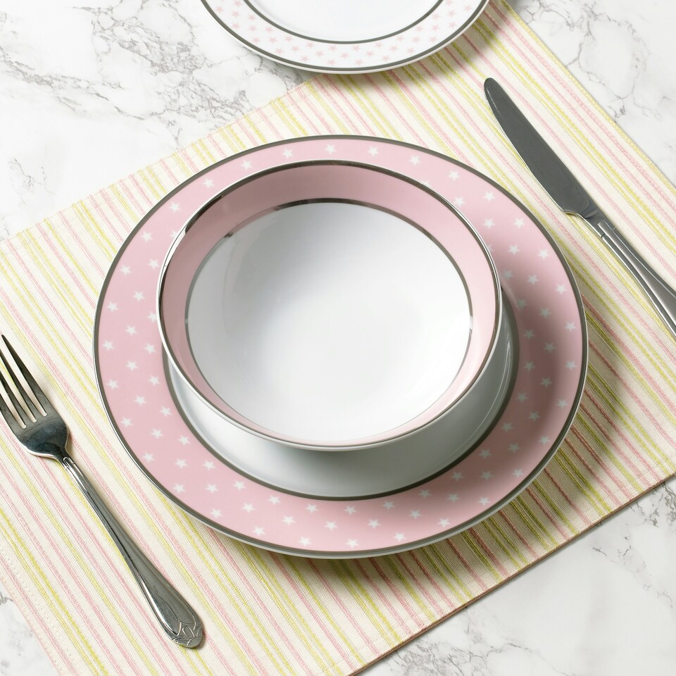 image 1 of 12pc Pink Star with Platinum Band Rim Dinner Set