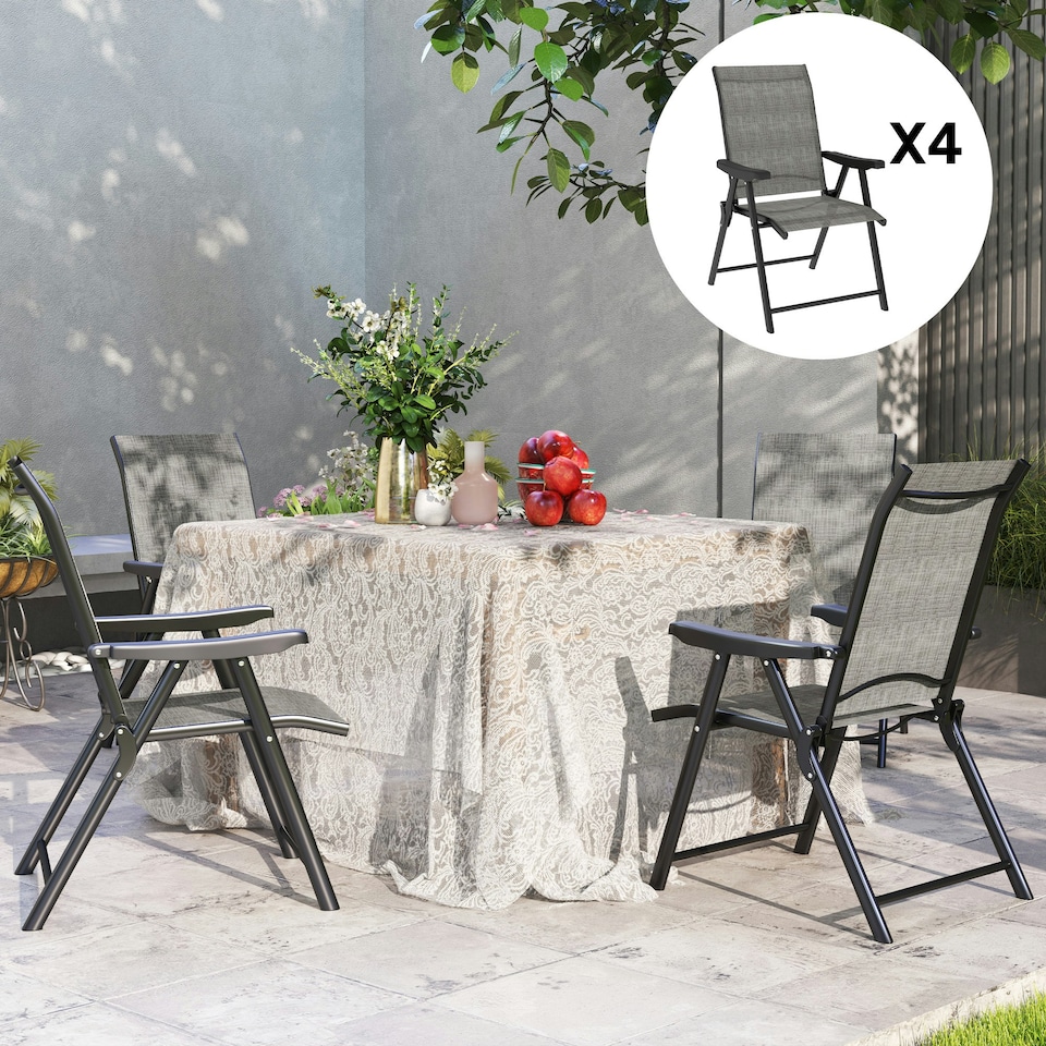image 1 of Outsunny Folding Garden Dining Chairs Set of 2 with Mesh Seat, Brown Grey | 4PCS