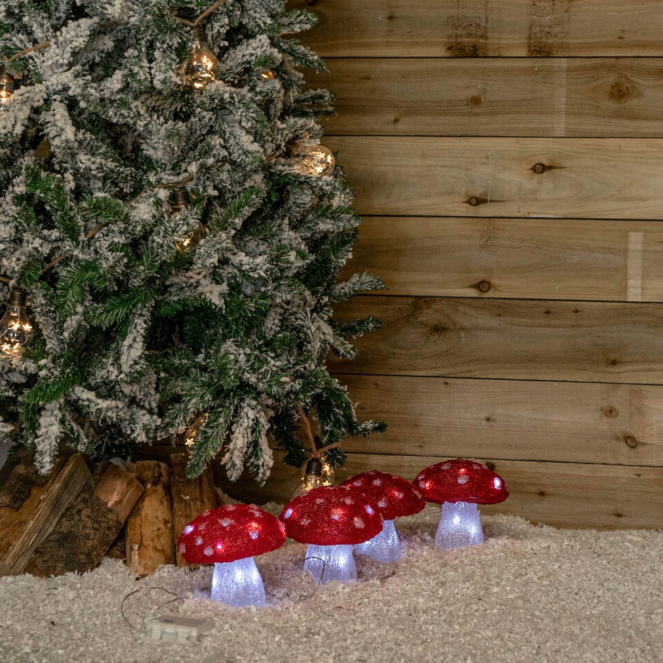 image 1 of Set of 4 Battery Operated Red & White Acrylic Christmas Mushrooms with Cool White LEDs