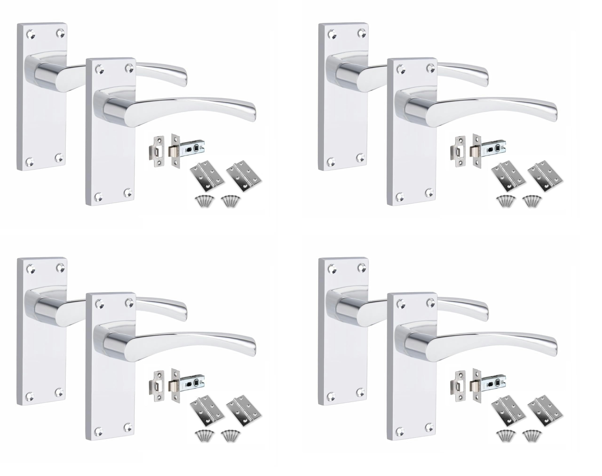 Golden Grace 4 Set of Victorian Scroll Astrid Door Handles Latch in Polished Chrome with 1 Pair of 3" Standard Butt Hinges & Latches Pack - 120mm x 40