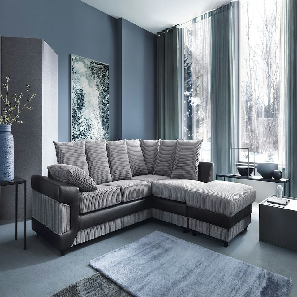 image 1 of Toledo L Shape Corner Grey Jumbo Cord Sofa With a Modern Black Leather Trim Grey | Right Hand Facing Chaise