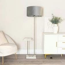ValueLights Tavel Chrome Floor Lamp with Table and Grey Velvet with Chrome Inner Lamp Shade