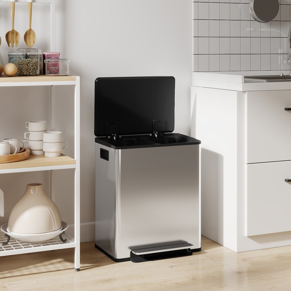 image 1 of HOMCOM Dual Kitchen Bin, 2 x 25L Stainless Steel Double Pedal Bin with Soft-Close Lid, Removable Inner Buckets and Handles for Recycling and Waste, Silver