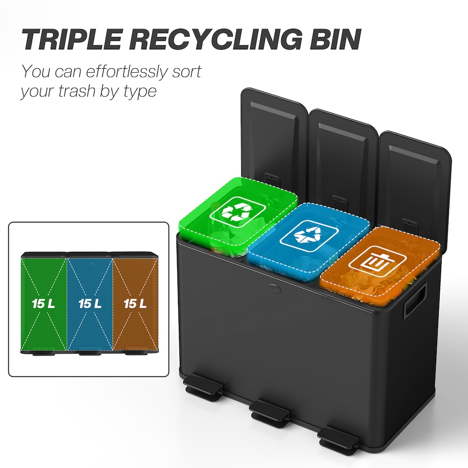 image 1 of HOMCOM Triple Kitchen Bin, 3 x 15L Pedal Bin, Stainless Steel Three Rubbish Bin with Removable Inner Buckets, Soft Close Lid, Fingerprint-Proof for Recycling and Waste, Black | Black | 1