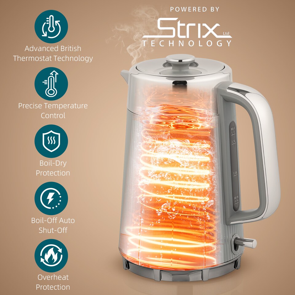 image 1 of HOMCOM Electric Stainless Steel Kettle and Toaster Set, 3000W 1.7L UK Strix Thermostat Fast Boil Kettle w/ Limescale Filter, Cool Touch Body, 4 Slice Toaster with 7 Browning Levels, Crumb Tray, Taupe