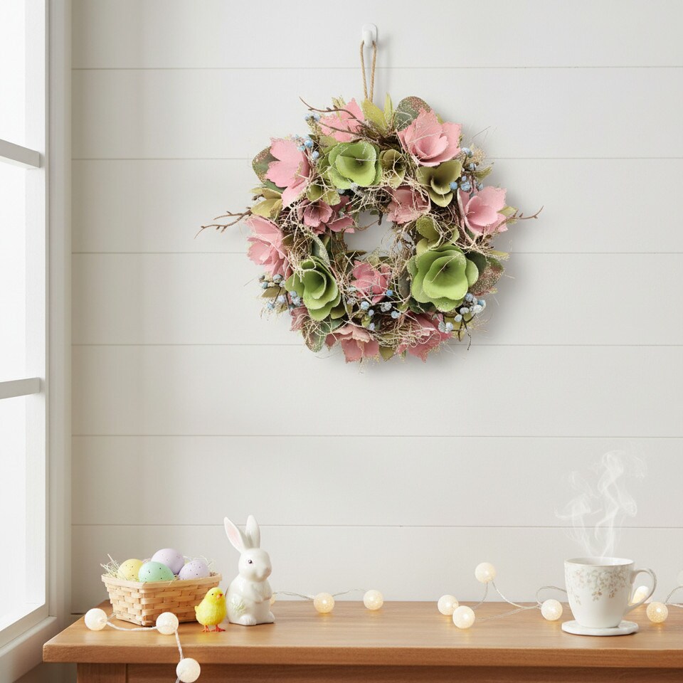 image 1 of Hanging Door Wreath Round Spring Easter Christmas Wall Decor Traditional Festive | Multi | Pink & Green Twigs | 34cm | 1