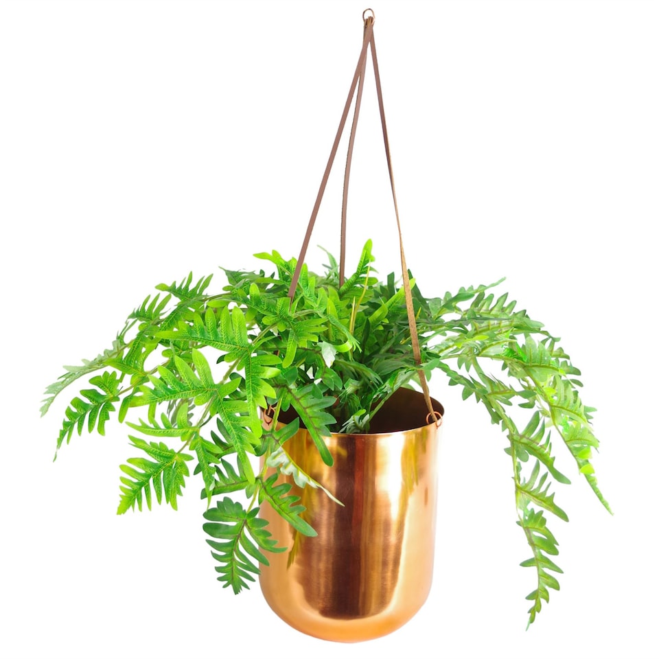 image 1 of Leaf Copper Hanging Planter Leather Straps Modern Contemporary 18 x 22cm Botanik | Copper