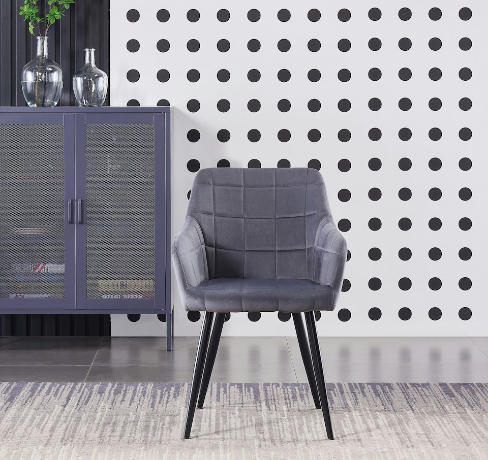 image 1 of Set of 6 Camden Modern Velvet Dining Chairs with Armrests, Quilted Design & Black Metal Legs | Grey | Dark Grey