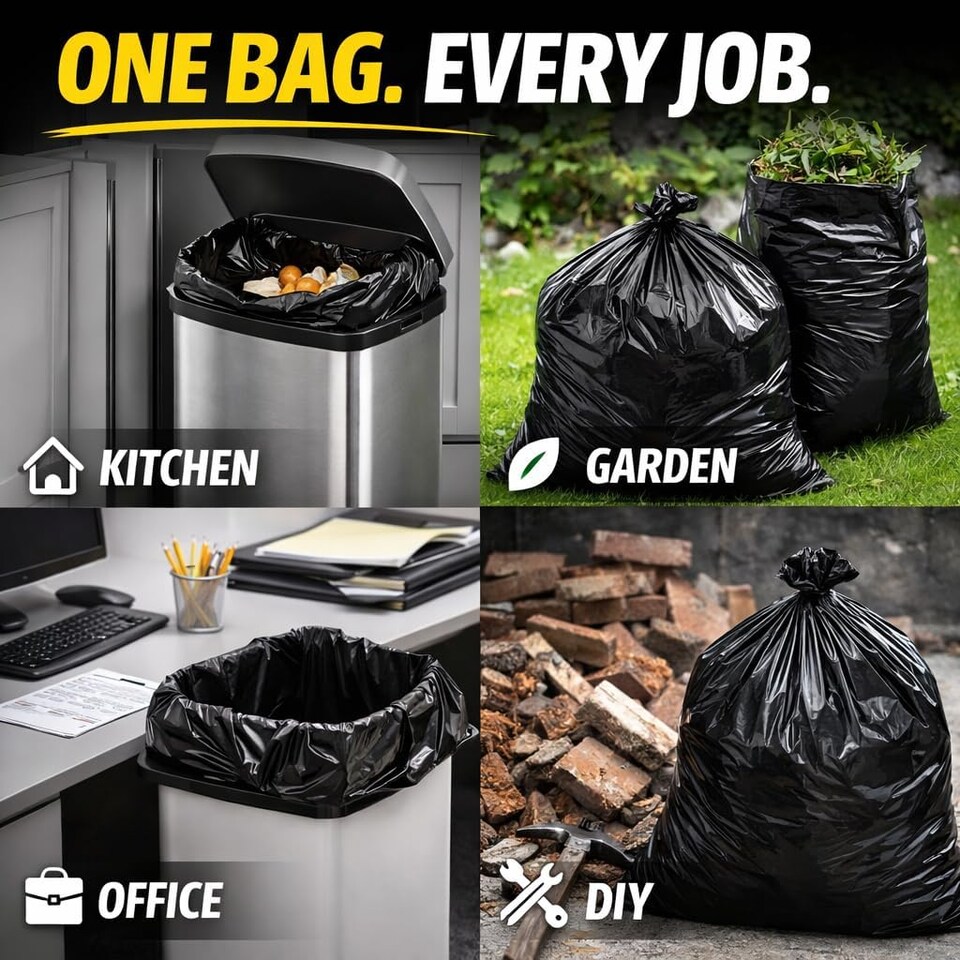 image 1 of Hero 90L Strong Durable Bin Bag Liners – 40 Extra Large Heavy Duty Tear-Resistant Black Refuse Sacks for Household & Commercial Waste | Black | Black | 90L | 80