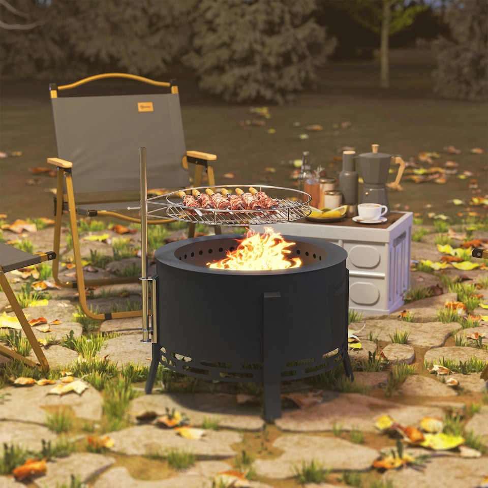 image 1 of Outsunny Portable Fire Pit, 58 cm Round Firepit with Grill Grate, Black