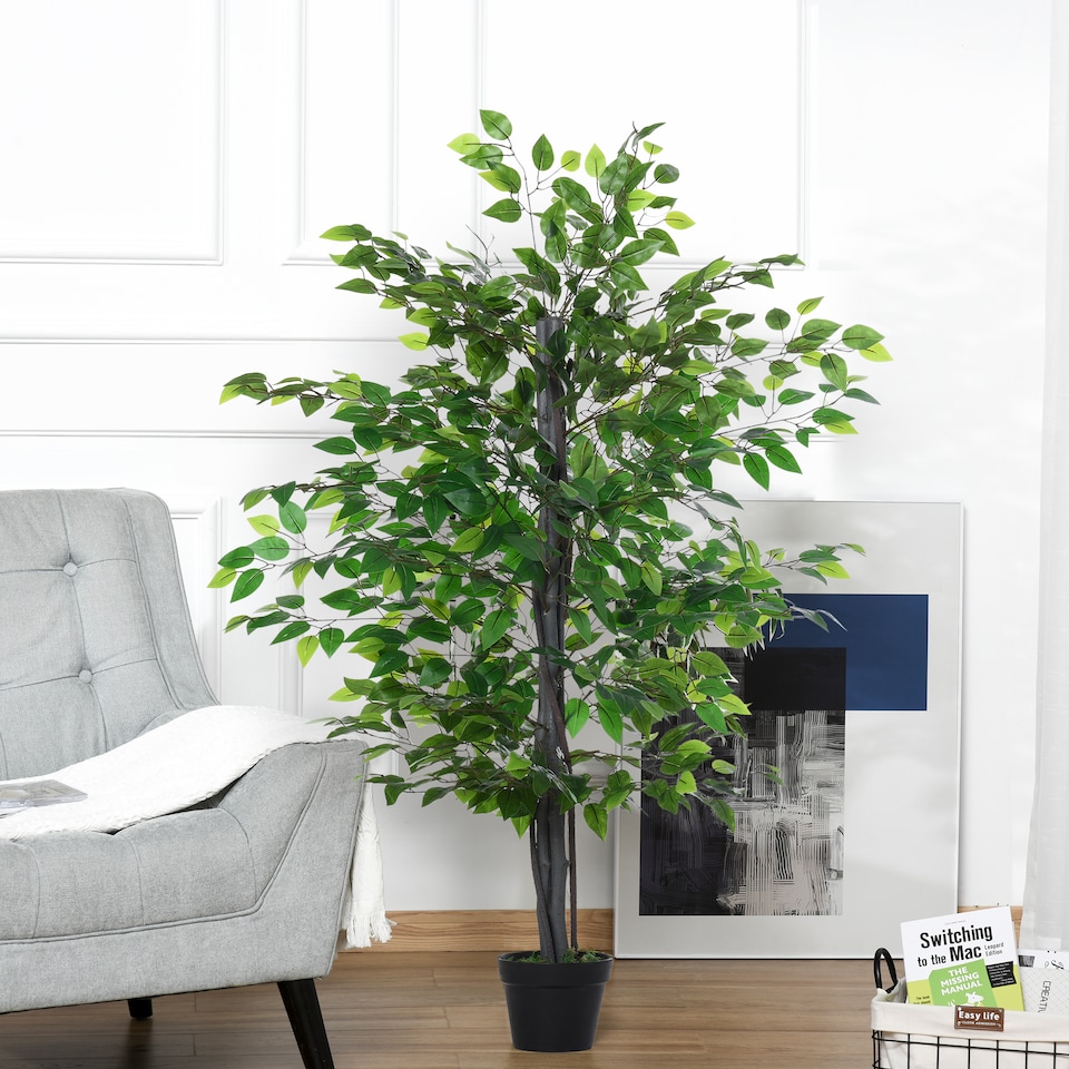 image 1 of Outsunny 145cm Artificial Banyan Plant FauDecorative Tree w Cement Pot Vibrant Greenery Shrubbery Indoor Accessory