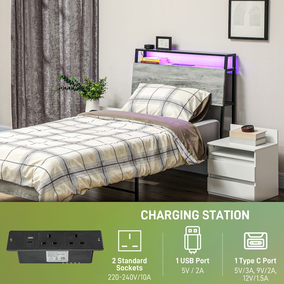 image 1 of HOMCOM 3ft Single Bed Frame with LED Lights and Charging Station, Platform Bed Frame with Storage Headboard, Steel Slat Support, No Box Spring Needed, Easy Assembly, Cement Grey