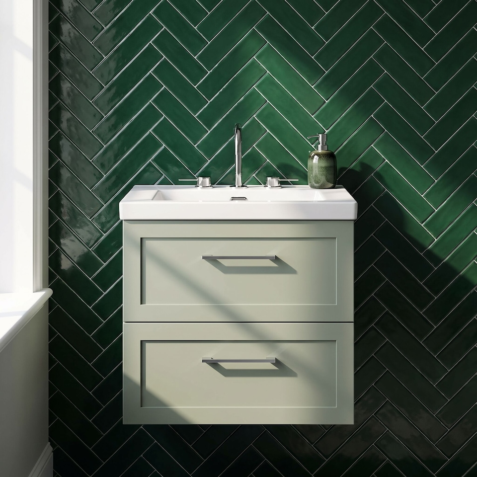 image 1 of Balterley Stonnall Traditional Wall Hung 2 Drawers Vanity Unit with 3 Tap Hole Fireclay Basin, 600mm, Reed Green