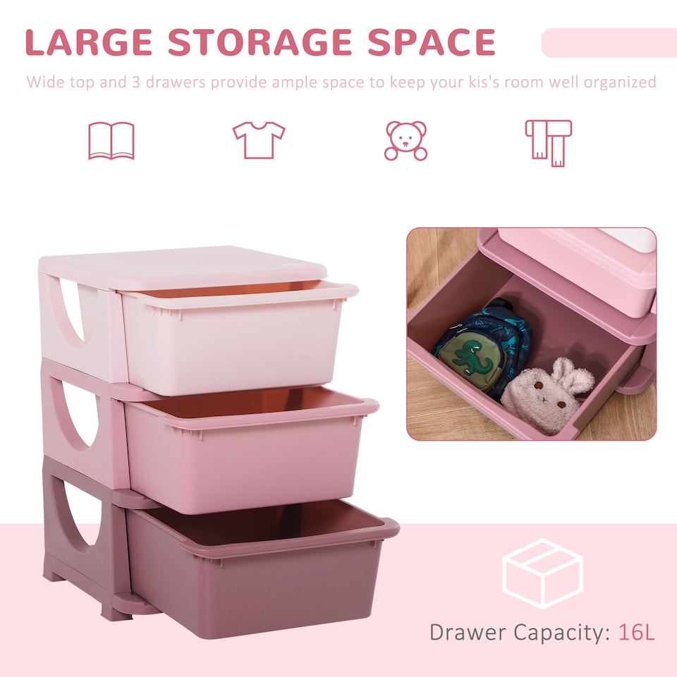 image 1 of HOMCOM Kids Storage Units with Drawers 3 Tier Chest Dresser Tower Pink