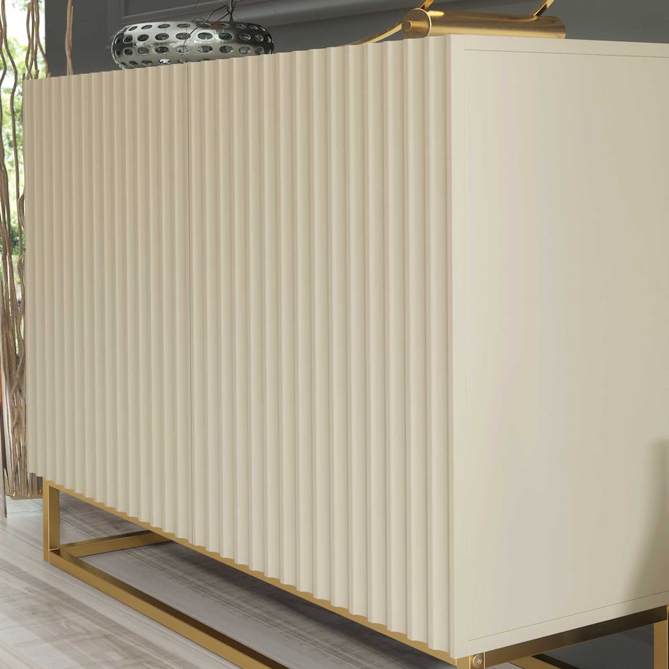 image 1 of Sideboard Cabinet Storage Cupboard Fluted Doors Cashmere Matt Gold Metal Legs Living Dining Room Hallway Furniture 100cm