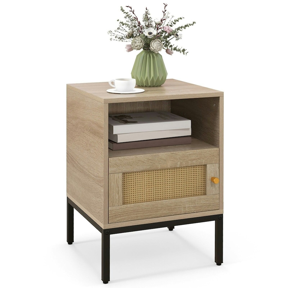 image 1 of COSTWAY Home Rattan Nightstand Accent Bedside Table Brown