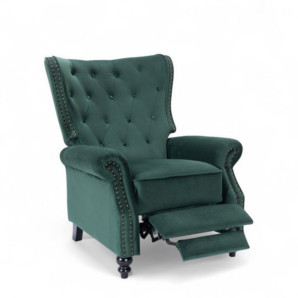 Velvet Bottle Green Buttoned Carmona Wingback Recliner Chair