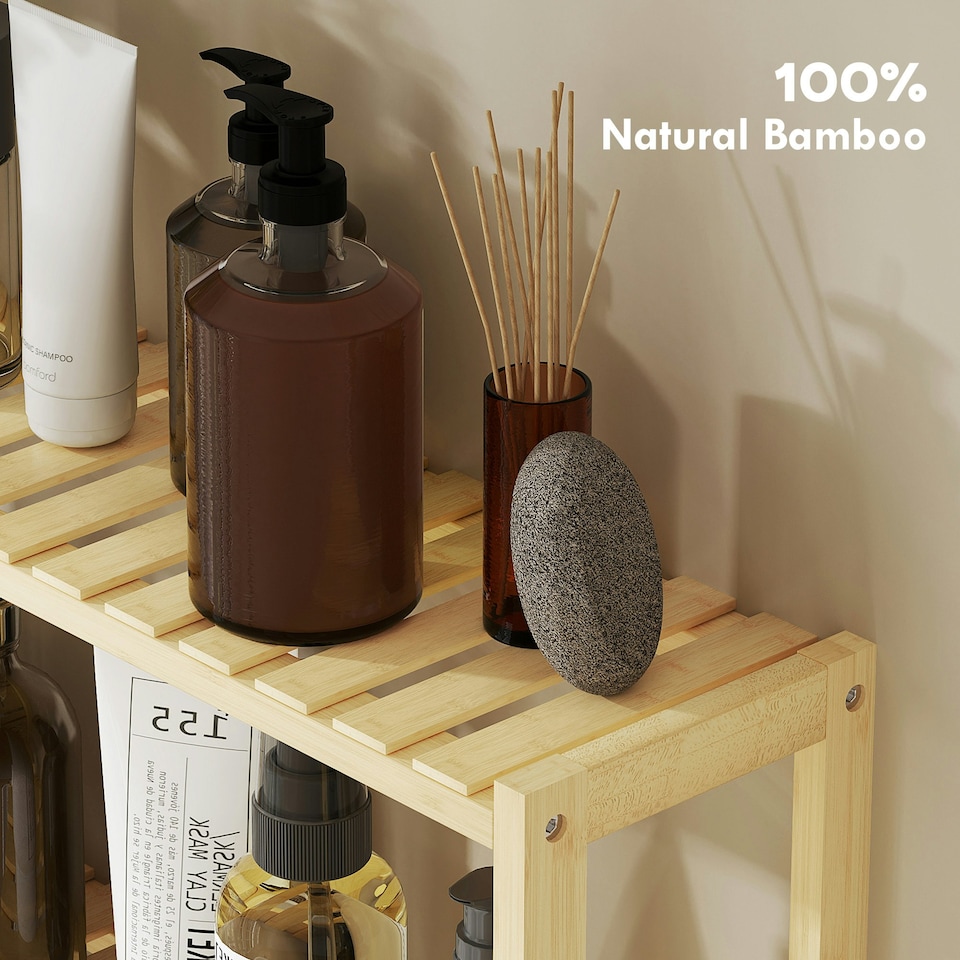 image 1 of HOMCOM 3-Tier Bamboo Adjustable Bathroom Storage Shelf, Natural