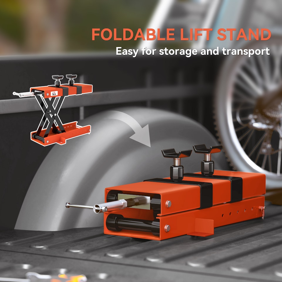 image 1 of HOMCOM 500 kg Motorcycle Scissor Lift Jack, Heavy Duty Steel Adjustable Motorbike Lifting Hoist Stand with Safety Pin, Foldable Lifter for Dirt Bike Repair Maintenance, 45x15 cm Large Platform, Orange