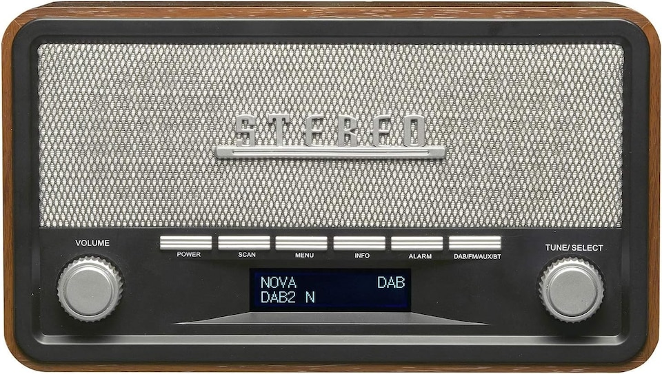 image 1 of Vintage Style Stereo DAB/DAB+ & FM Radio – Grey Wood Cabinet, Bluetooth, Clock Radio Alarm, AUX IN for Smart Phone/Tablet / MP3 Player – Mains or Battery