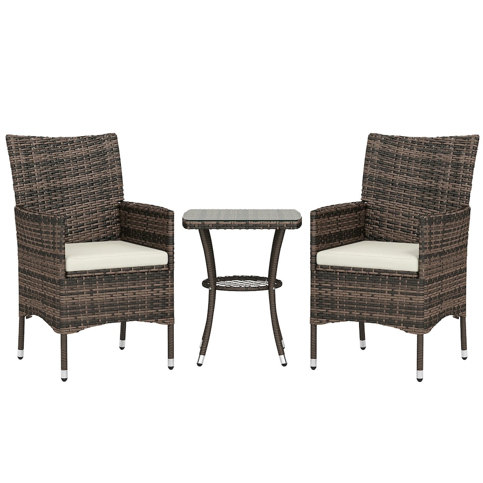 image 1 of Outsunny Rattan Bistro Set Garden Chair Table Patio Outdoor, Brown