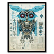 Owl Robot Blueprint Sci-Fi Diagram Engineering Black Framed Wall Art Print A4