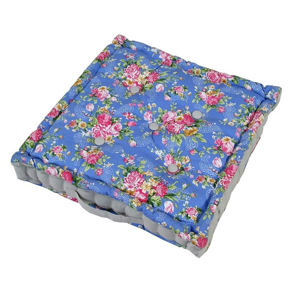 Homescapes Blue Roses Cotton Floor Cushion Blue