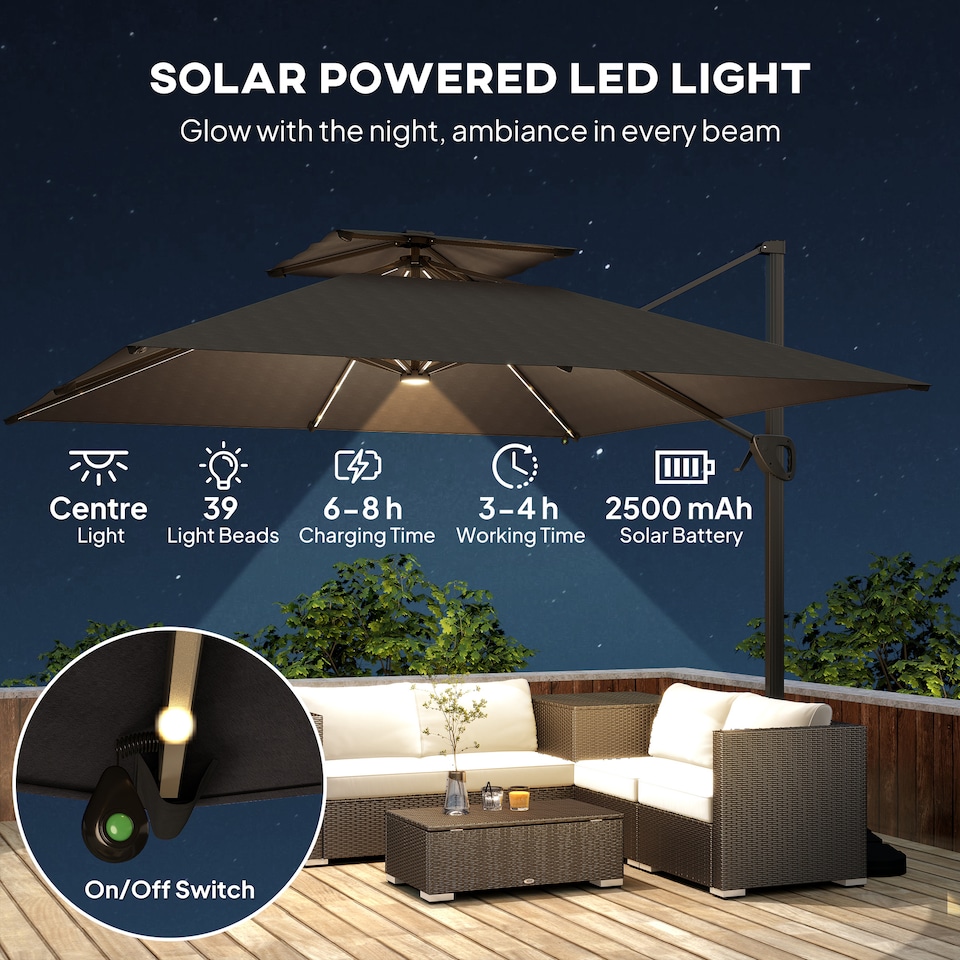 image 1 of Outsunny 3.5x3 m Garden Cantilever Parasol with Solar LED Lights and Centre Light, UPF50 Aluminium Patio Umbrella, Hanging Sun Shade with Cross Base, Crank Handle | Black | Black