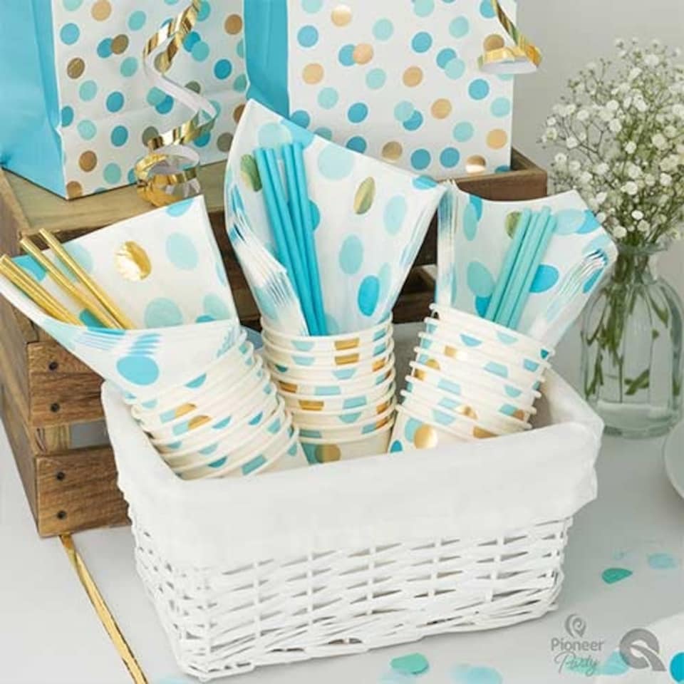 image 1 of Blue & Gold Dots Paper Cups 250ml - Pack of 8
