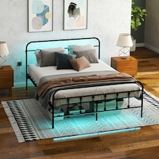 HOMCOM King Bed Frame with LED Lights and Charging Station, Black