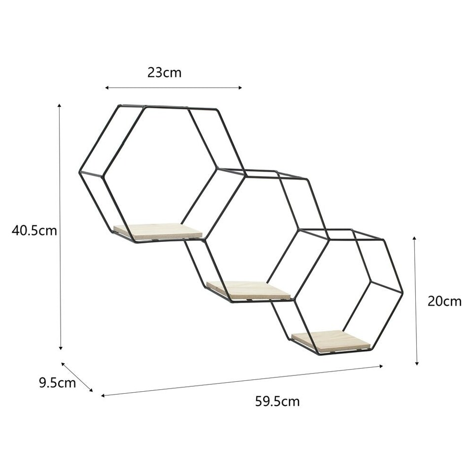 image 1 of Living and Home Iron Wall Mounted 3 Tier Hexagon Floating Dispaly Shelves- Black
