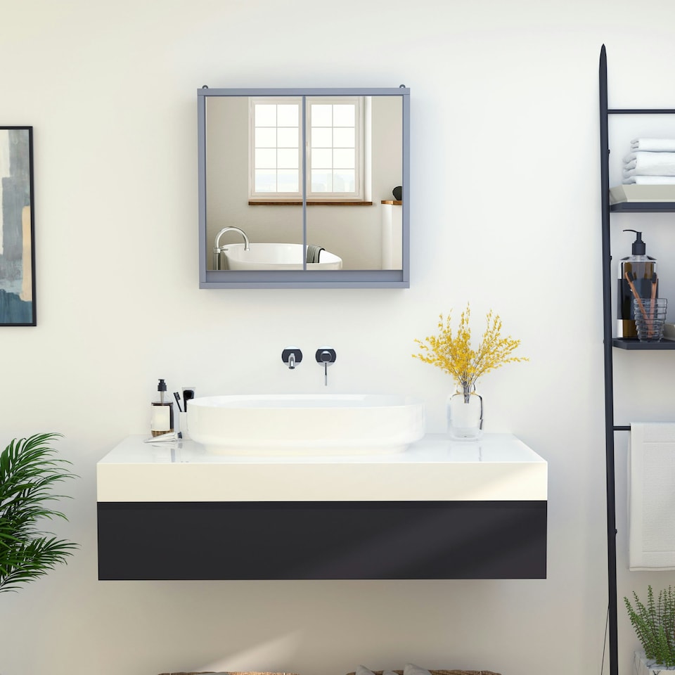 image 1 of HOMCOM Wall Mounted Mirror Cabinet with Storage Shelf Bathroom Cupboard Grey