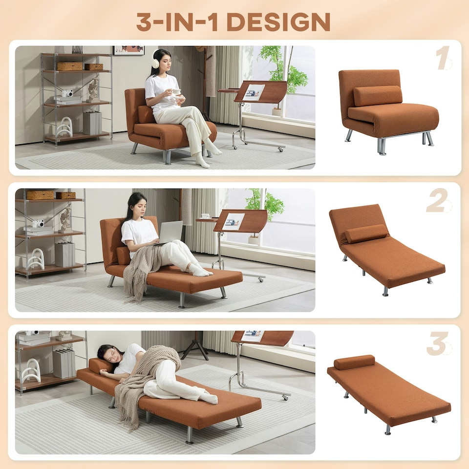 image 1 of HOMCOM Single Folding 5 Position Convertible Sleeper Chair Bed Coffee Brown