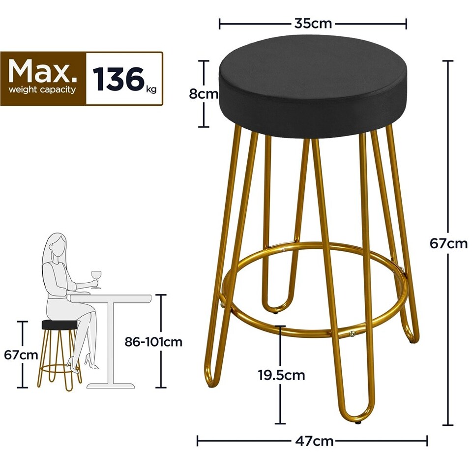 image 1 of Yaheetech 67 cm Tall Upholstered Velvet Counter Stools Black