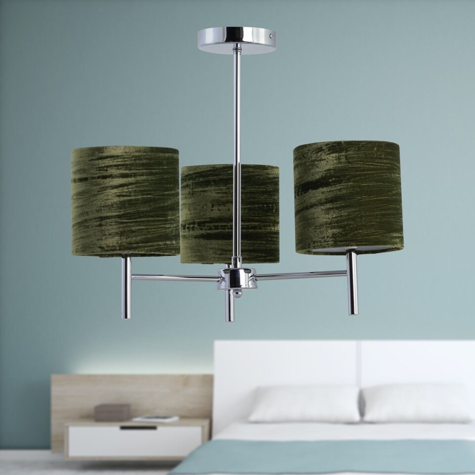 image 1 of Brea - Chrome 3 Light Fitting with Green Crushed Velvet Shades | Chrome | Green | 1