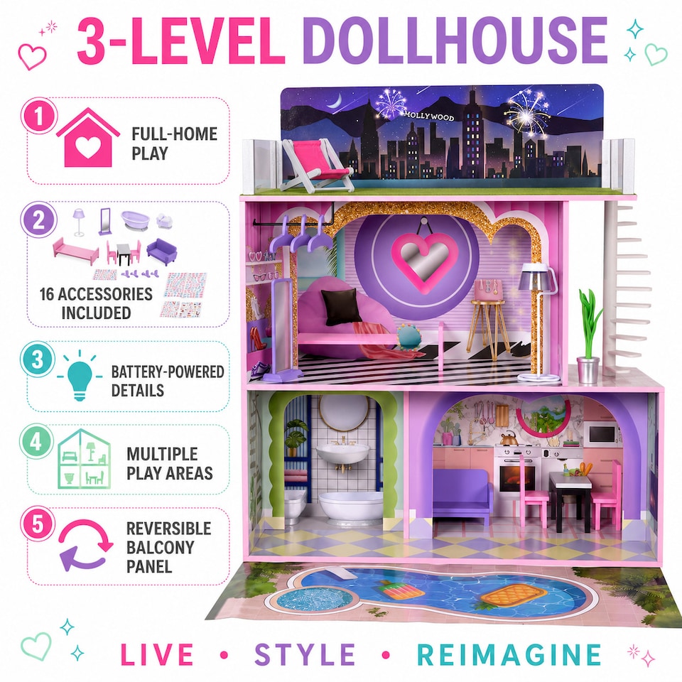 image 1 of Teamson Kids Wooden Dollhouse, 3 Levels and 16 Accessories, Dreamland Sunset