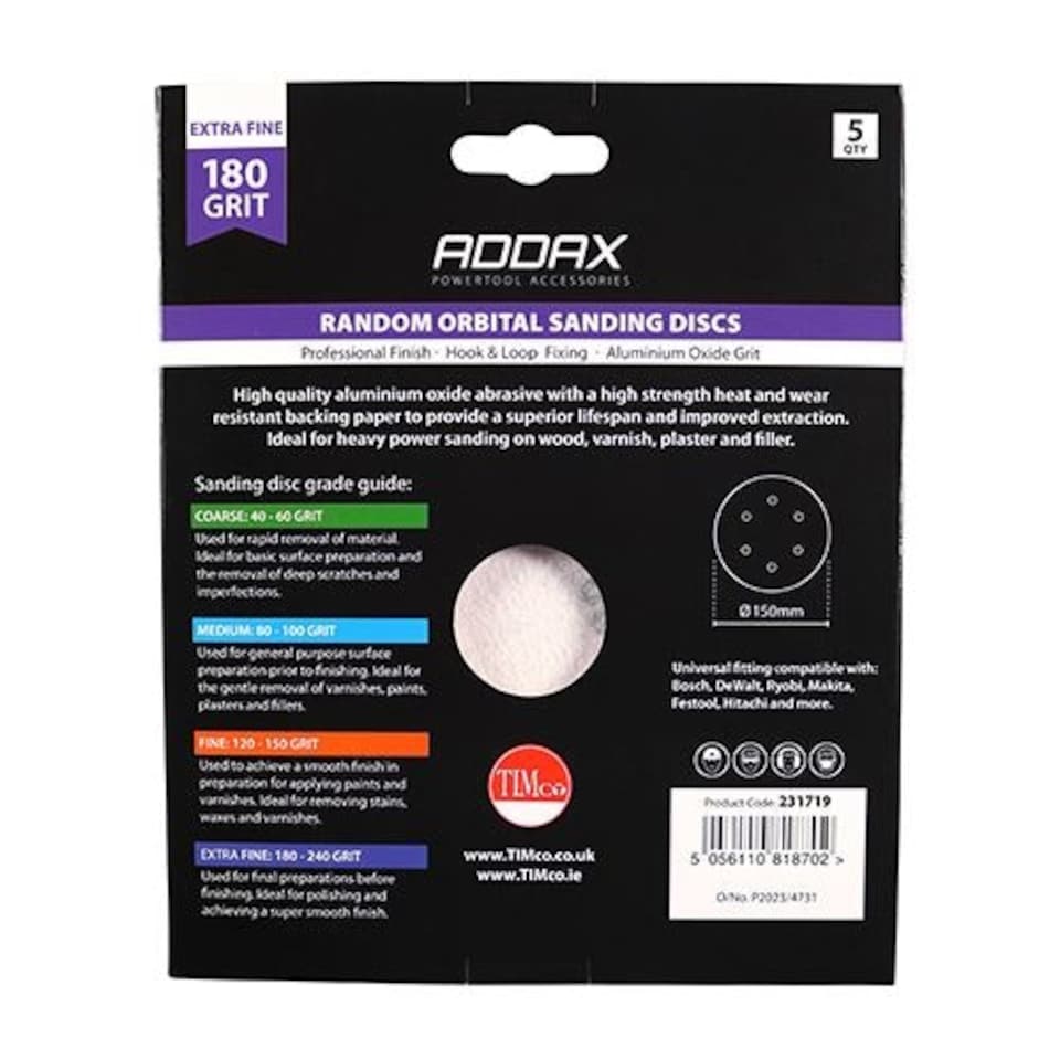 image 1 of Timco - Random Orbital Sanding Discs - 180 Grit - Red (Size 150mm - 5 Pieces)