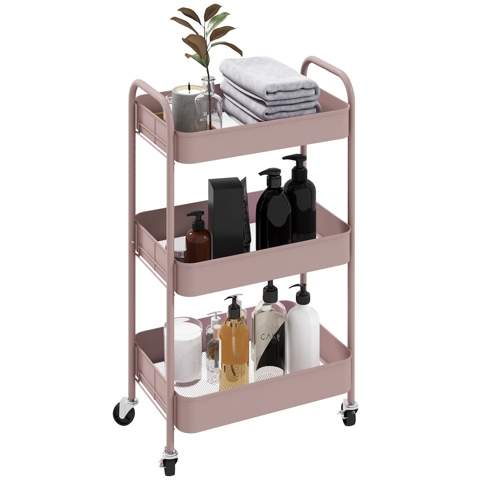 image 1 of HOMCOM 3-tier Storage Trolley on Wheels, Metal Storage Cart, Rolling Ultility Cart with 3 Mesh Baskets for Living Room, Kitchen, Pink