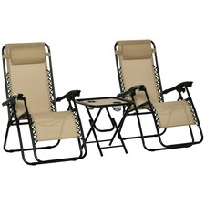Outsunny Folding Zero Gravity Chairs, 3 Pieces Adjustable Sun Lounger and Table Set with Cup Holder and Headrest, Patio Bistro Set with Reclining Garden Chairs for Outdoor, Beige