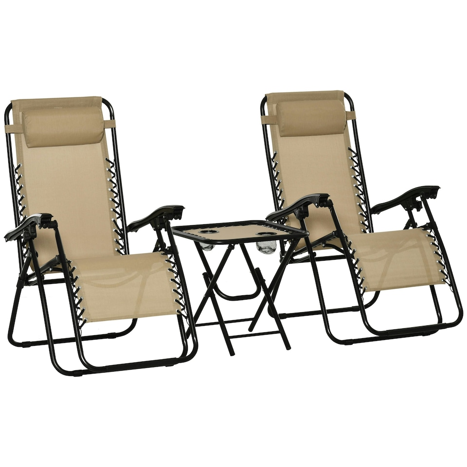 image 1 of Outsunny Folding Zero Gravity Chairs, 3 Pieces Adjustable Sun Lounger and Table Set with Cup Holder and Headrest, Patio Bistro Set with Reclining Garden Chairs for Outdoor, Beige