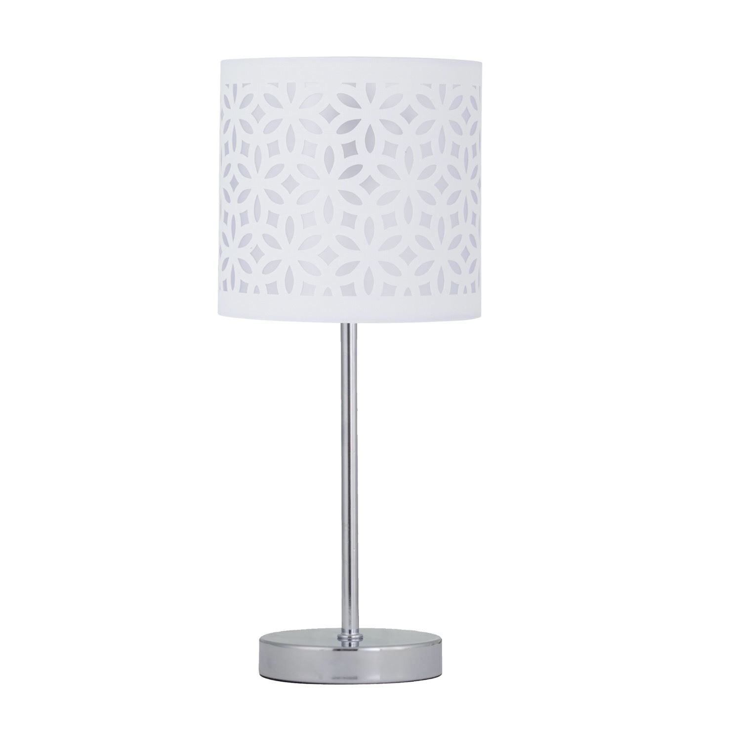 First Choice Lighting Chrome Stick Table Lamp with White Laser Cut Shade in Silver